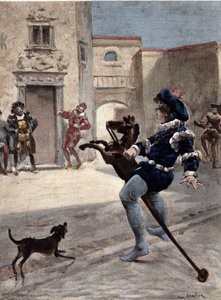 Gargantua na dřevěném koni na ulici. Gargantua. ilustrace Jules Garnier. In "Rabelais et l