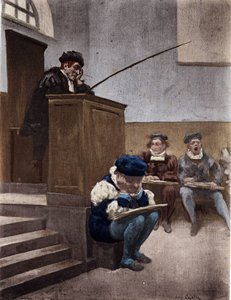 Gargantua student pod dohledem preceptora Sophiste Thubal Holoferne (Thubal Holoferne). Gargantua. ilustrace Jules Garnier. V knize "Rabelais et l
