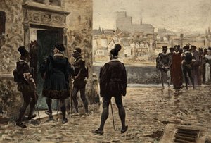 Mistr Janotus (Ianotus) z Bragmardu před pařížským domem Gargantua. Gargantua. ilustrace Jules Garnier. In "Rabelais et l