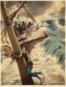 Panurge visí na rohoži lodi během mořské bouře. Pantagruel. ilustrace Jules Garnier. In "Rabelais et l