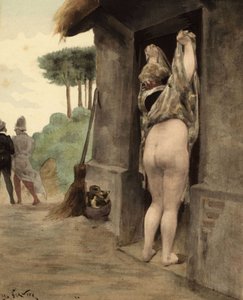 Panzoustova Sibyla si vyhrne šaty a odhalí zadek, zatímco Panurge a Epistemon se vzdalují. Pantagruel. Lustrace Julese Garniera. V knize "Rabelais et l