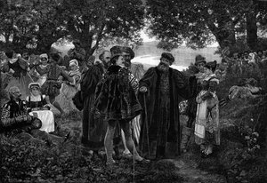 Rabelais, Meudonův lék. Spisovatel Francois Rabelais (1483-1553) pán hostiny v lese Meudon. V letech 1551 až 1553 byl farností v Meudonu. Rytina podle obrazu Julese Garniera (19. století) v „The Illustrous World““ č. 1210 z 5. června