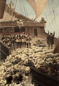 Ovce z Panurge: na lodi Dindenaut (Dindenault), ovce a kupci se vrhají do moře. Pantagruel. ilustrace Jules Garnier. Rabelais a dílo Julese Garniera