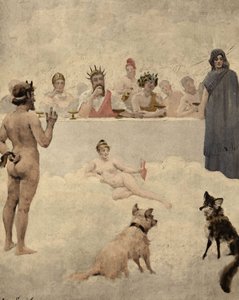 Bůh zahrad Priapus zpět před radu bohů. Uprostřed Iupiter (Jupiter, Zeus). Po jeho levici je Bakchus (Dionýsos, Bacco). Dole pes a liška. Pantagruel. ilustrace Jules Garnier. V knize "Rabelais et l