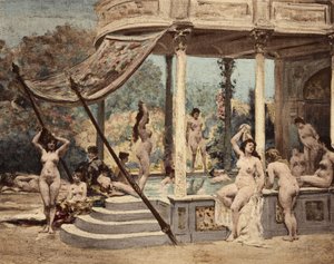 Koupající se ženy v opatství Theleme. Gargantua. ilustrace Jules Garnier. In "Rabelais et l