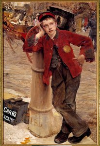 Obraz The Little English Shoe Shine Painting od Julese Bastiena Lepagea (1848-1884) 1882 Sun. 0,89x1,32 m Paříž, dekorativní umění