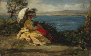 Žena se slunečníkem, Douarnenezský záliv, mezi lety 1870 a 1875 (olej na plátně) od Jules Breton