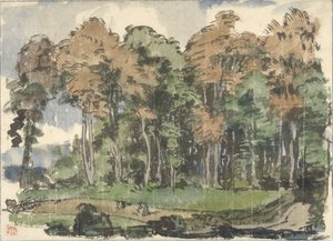 Cesta na okraji lesa, s rolníky v práci od Jules Chadel