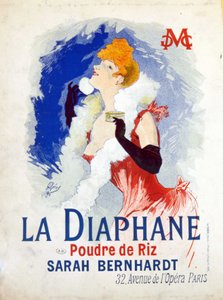 Reklama na „La Diaphane: Rýžový prášek““ Henriette Rosine Bernard dit Sarah Bernhardt od Jules Cheret