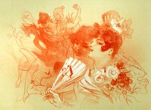 Na plese - kresba (sangvinik) Jules Cheret (1836 - 1932) - mladé ženy a tanečnice - tanec - soukromá sbírka - od Jules Cheret