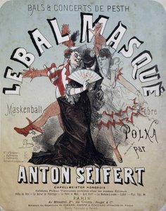 Ples a koncert Pesth: maškarní ples (Maskenball, slavná polka Antona Seiferta) - plakát Julese Chereta, n.d. od Jules Cheret