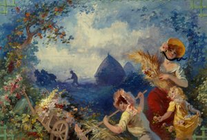 La Terre Allegorie představující mladé ženy držící pšeničné boty na pozadí sklizně. Karton na tapisérii od Julese Chereta (1836-1932) Nice, Musee Cheret 20. století od Jules Cheret