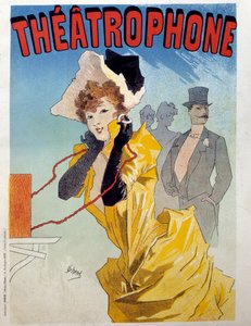 Plakát pro theatrofon: mladý elegán poslouchá posluchačům kus divadla. Ilustrace Jules Cheret (1836-1932) Paříž 19. století, dekorativní umění od Jules Cheret