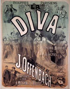 Plakát na operetu "Diva" zhudebněnou Jacquesem Offenbachem (1819-1880) v pařížském divadle Bouffes. od Jules Cheret