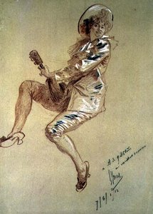 Sedící Pierrette, hrající na mandolínu od Jules Cheret