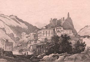 Pohled na Nicastro, Calabria, Itálie, ocelorytina Dunaime podle kresby Jules Coignet (1798-1860), cca 13x10 cm