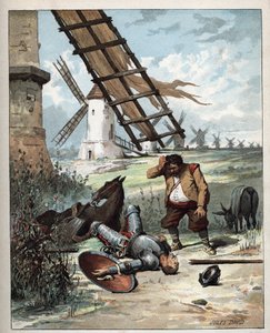 Don Quijote a větrné mlýny - Ilustrace Julese Davida (1808-1892) z Histoire de Don Quijote (Don Quijote) - 1887 - od Miguela de Cervantes Saavedra (1547-1616) -