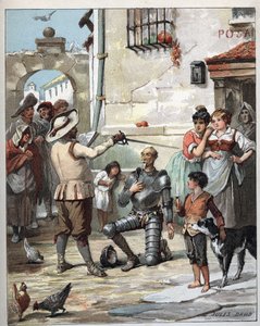 Před hostincem se Don Quijote stává rytířem - Ilustrace Julese Davida (1808-1892) z Histoire de Don Quijote (Don Quijote) - 1887 - Miguel de Cervantes Saavedra (1547-1616) -