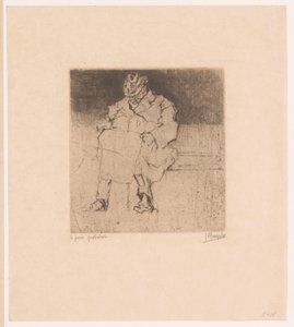 Starší pán s vycházkovou holí sedí na lavičce Le pain quotidien (název na objektu) od Jules De Bruycker (signed by artist)