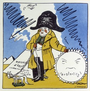 Austerlitz, Jena, Wagram: Karikatura na Napoleona 1. - v “” Histoire de France”” od Julese Depaquita, ill. sám, ed. Jonquieres, Paříž