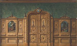Design pro pokoj s dřevěnými panely vykládanými malbami a silně vyřezávanými dvoukřídlými dveřmi, 1830-97. Tvůrci: Jules-Edmond-Charles Lachaise, Eugène-Pierre Gourdet. od Jules Edmond Charles Lachaise and Eugène Pierre Gourdet