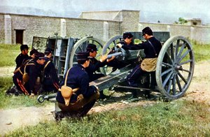 Francouzští vojáci s minometem v akci během bitvy na Marně východně od Paříže, září 1914 (autochrom) od Jules Gervais Courtellemont