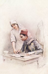 Lekce čtení. Pohlednice „Válka národů“ představující zdravotní sestru Červeného kříže, která se učí číst senegalskému obuvníkovi