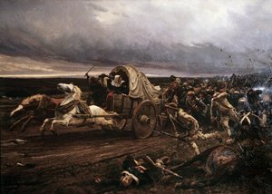 Po deroute Choletského povstání ozbrojeného ve Vendee v březnu 1793, pokáráni v říjnu Konventem a republikánskými armádami, „Bílí“ ustoupili směrem k Loiře. Obraz Julese Girardeta (1856-1938)