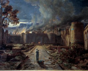 Sodoma (Sodoma) Zničení města ohněm. Detail. Obraz Julese Laurense (1825-1901) Orleans. Muzeum výtvarných umění