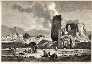 Předměstí Teheránu (dnešní Írán). Kresba Julese Laurense (1825-1901) k ilustraci cesty Arthura Gobineaua do Persie v letech 1855 až 1858. Rytina v „“ Le tour du monde, nouveau journal des voyages““ Paris