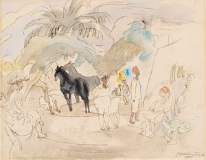Figurky a dva koně v krajině, 1921 (wc na papíře) od Jules Pascin
