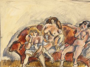 Tři ženy na červené pohovce od Jules Pascin