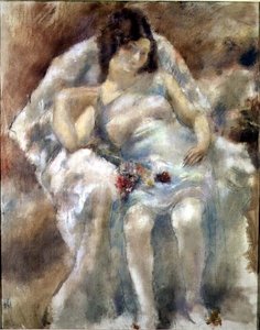 Mladá žena sedí s květinami od Jules Pascin