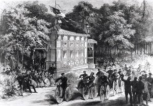 A Velocipede Race at Pre Catelan, c.1860-70 (rytina) (č/b foto) od Jules Pelcoq