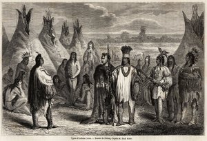 Typy kanadských indiánů Crees, kresba Pelcoqa, pro ilustraci průzkumu Skalistých hor v letech 1857-59 kapitánem Johnem Palliserem. Rytina v „“ Le tour du monde, nouveau journal des voyages““ Paříž