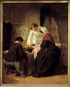 Tři ženy šití. Obraz Julese Trayera (1824 - 1909)