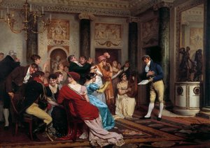 Romantika je v módě Čtení divadla v pařížském salonu. (Salon Litteraire) Obraz Julese Wormse (1832-1914) Paříž 19. století, Palais du Luxembourg