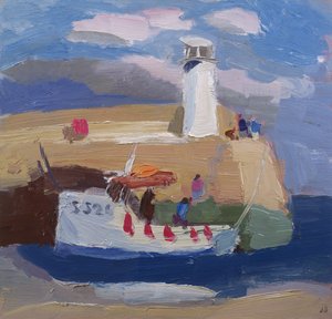 Figurky na Harbour Wall, Cornwall (olej na palubě) od Julian Bailey