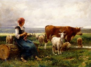 Pastýřka s kravami a kozami, od Julien Dupre
