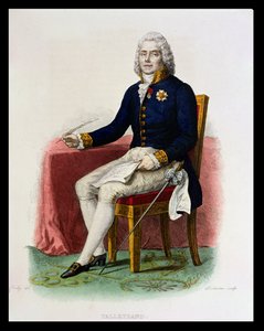 Portrét Charlese Maurice de Talleyrand-Perigord (1754-1838) u jeho stolu, ilustrace z „Le Plutarque Francais“ od E. Mennecheta, rytý Delaistre, 1835