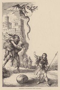 Brunhilda bojující s Guntherem (rytina) od Julius (after) Schnorr von Carolsfeld