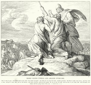 Mojžíšovy ruce vztyčené a Amalek překonán (rytina) od Julius (after) Schnorr von Carolsfeld