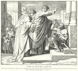 Peter a John Cure a Lame Man (rytina) od Julius (after) Schnorr von Carolsfeld