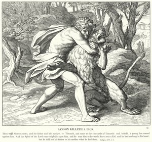 Samson Killeth a Lion (rytina) od Julius (after) Schnorr von Carolsfeld