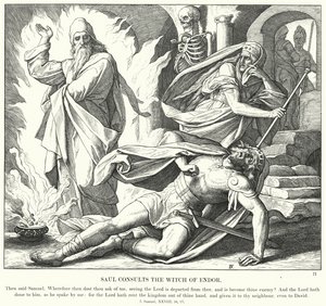 Saul Consults the Witch of Endor (rytina) od Julius (after) Schnorr von Carolsfeld