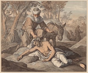 Milosrdný Samaritán, svatý Lukáš, X, 33, 34 (kolorovaná rytina) od Julius (after) Schnorr von Carolsfeld