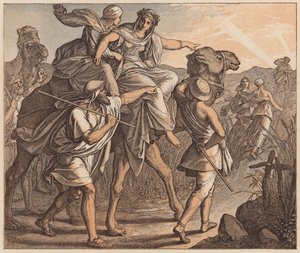 Setkání Izáka a Rebeky, Genesis, XXIV, 64 (kolorovaná rytina) od Julius (after) Schnorr von Carolsfeld