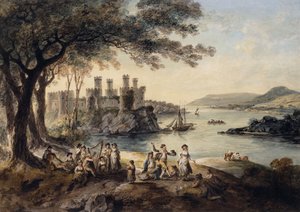 Hrad Conway, s Johnem Smithem „The Blind Harper“ v popředí, 1796 od Julius Caesar Ibbetson
