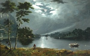 Ferry, Windermere, při pohledu na sever a jezero v měsíčním světle od Julius Caesar Ibbetson