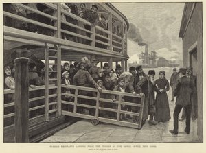 Ruští emigranti přistávající z tendru v kanceláři člunů v New Yorku
